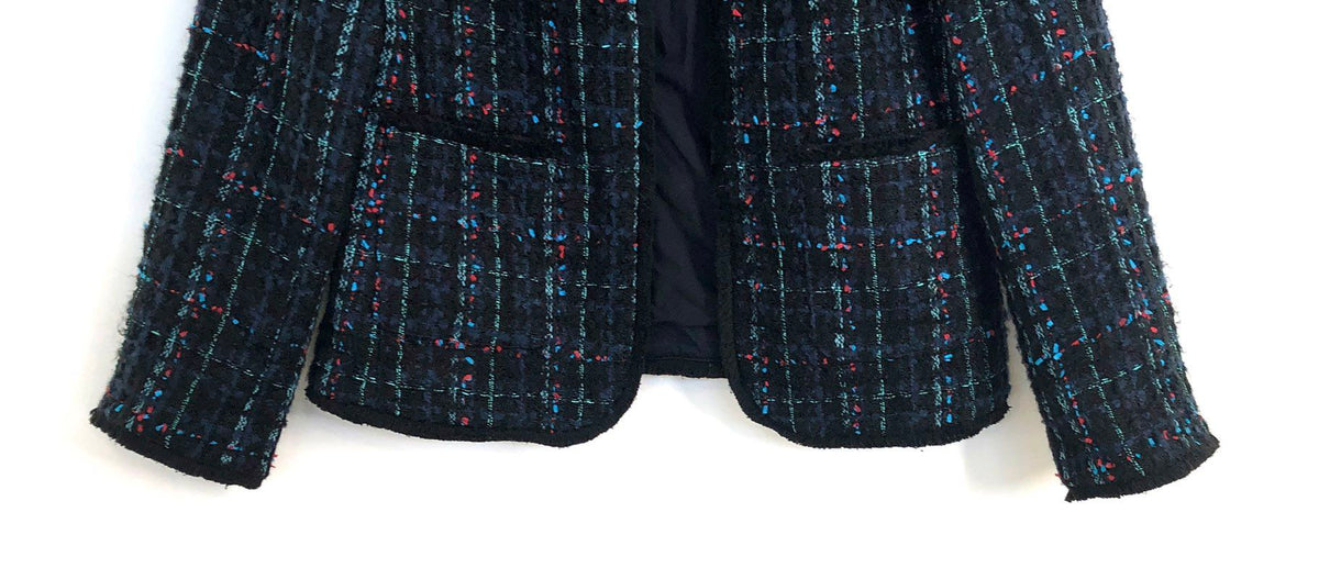 Ann Taylor Women's Black Multi Tweed Textured Open Front Jacket Pockets Sz 0