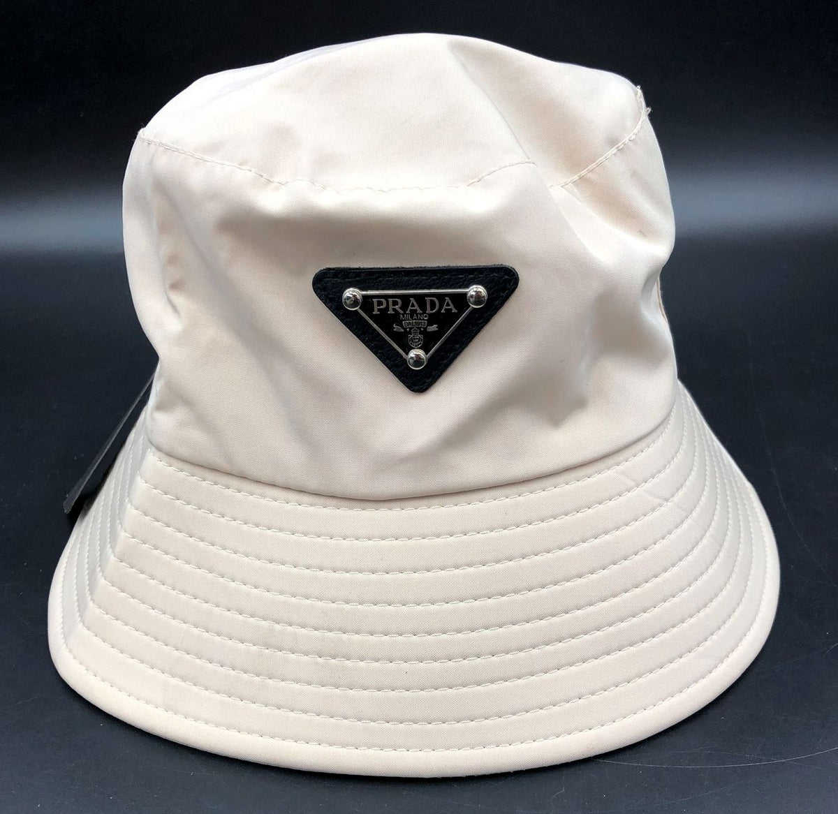 NWT Prada Inspired Beige Nylon Unisex Bucket Hat with Black/Silver Triangle Logo