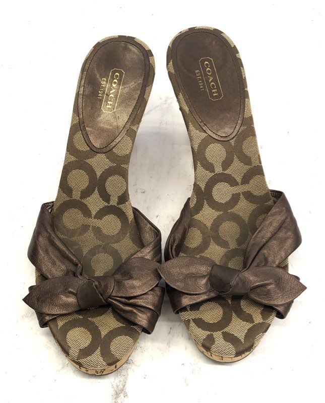 Coach Karen Signature Jacquard Metallic Bronze Wedge Heel Sandals Size 10B