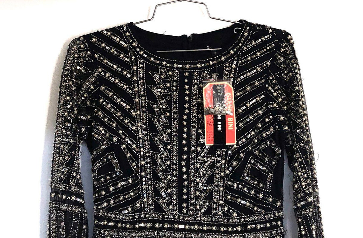 Gianni Bini Women's Dani Pearl Dress Black Beaded Sequin Mini Sz 4 NWT