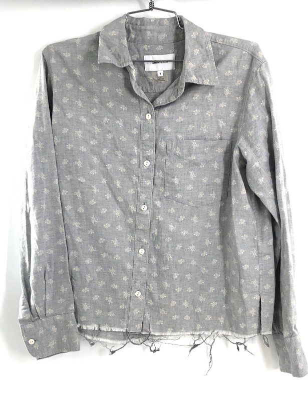 Current/Elliott Women's Gray Floral Button Down Shirt Raw Hem Distressed Sz 1