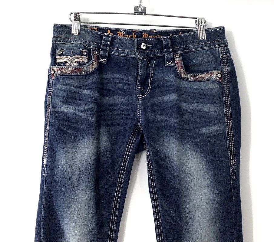 Rock Revival Women's Blue Skinny Jeans Embellished Fleur De Lis Pockets Size 27