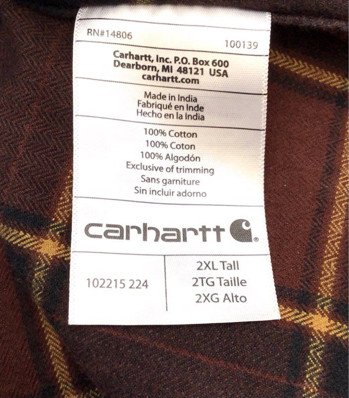 Carhartt Plaid Flannel Shirt - 102215224 - Men&#39;s Size 2XL Tall