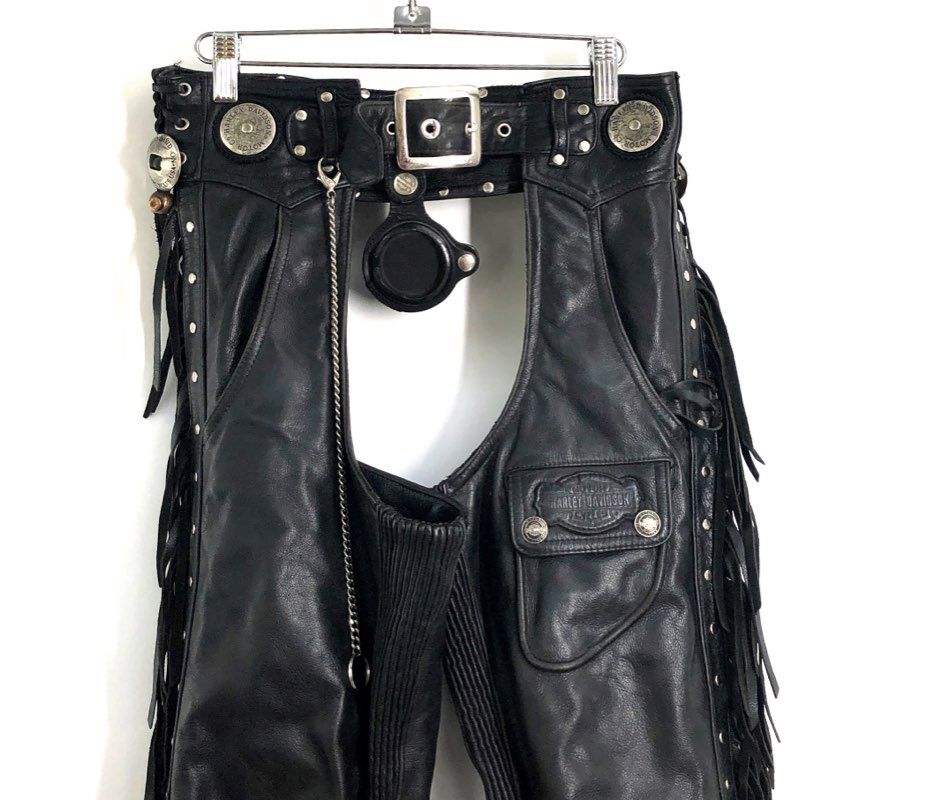 Vintage 90s Harley-Davidson Fringe Concho Studded Leather Motorcycle Chaps Sz S