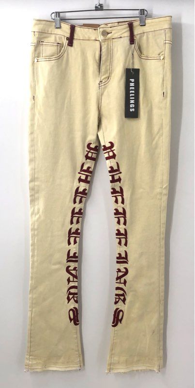 Pheelings Men's Cream Graphic Jeans Gothic Lettering Raw Hem Stretch Sz 34 NWT