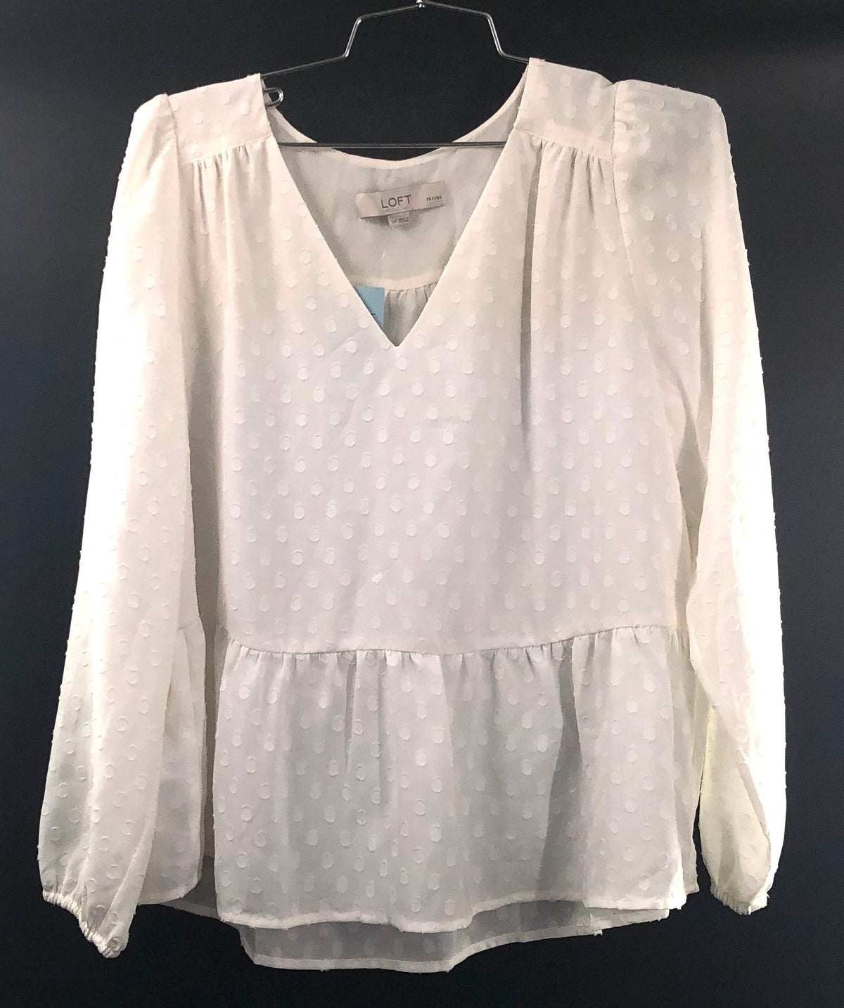 LOFT Women's White Swiss Dot V-Neck Peplum Blouse Long Sleeve Sz SP NWT