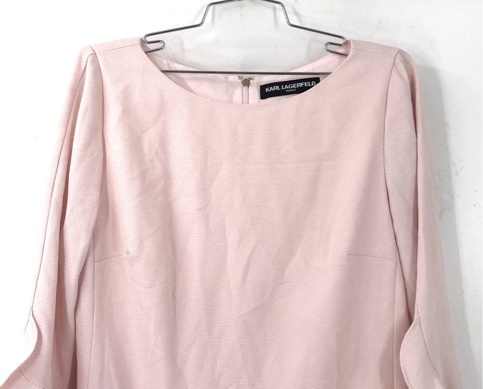 NWT Karl Lagerfeld Paris Pink Ruffle Bell Sleeve Crepe Sheath Dress Women's 8