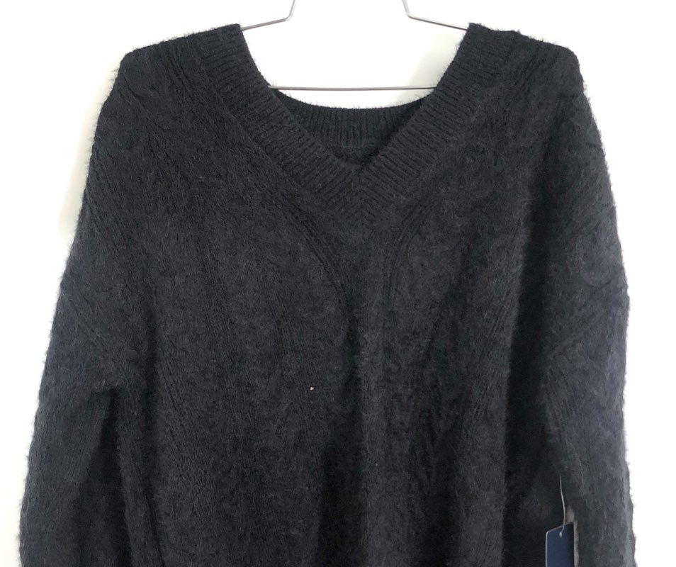 Lucky Brand Women's Black Fuzzy Cable Knit V-Neck Deep V-Back Sweater Sz M NWT