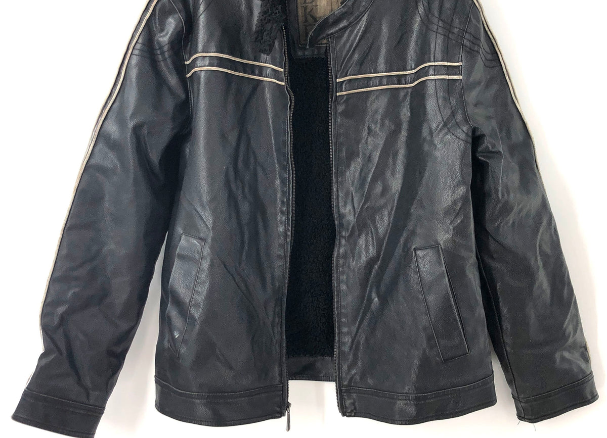 BKE Men's Black Faux Leather Moto Jacket Sherpa Lined Y2K Sz L