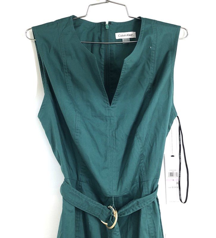 Calvin Klein Women's Green Belted Sleeveless V-Neck Fit & Flare Dress Sz 6 NWT