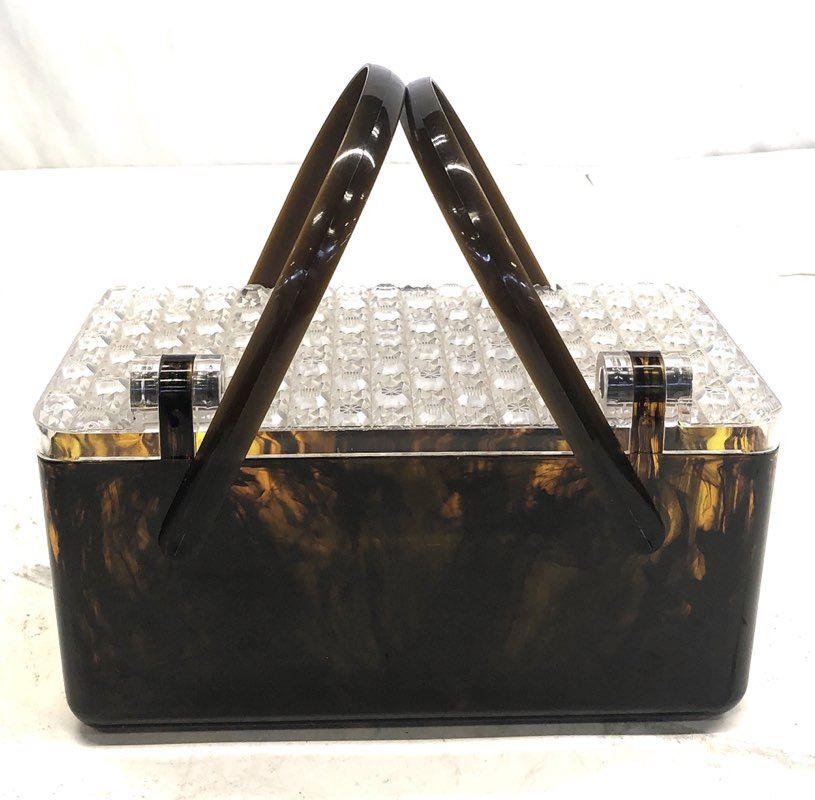 Vintage 60s Lucite Box Bag Tortoiseshell Marbled Clear Faceted Lid Handbag