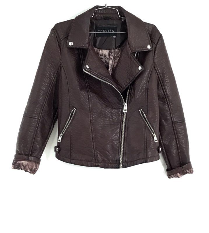 Guess Women&#39;s Brown Collared Full Zip Motorcycle Jacket - Size Large