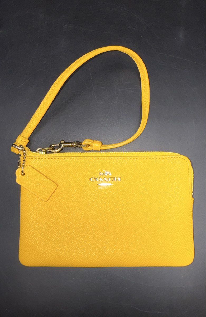 Coach Bright Yellow Crossgrain Leather Corner Zip Wristlet Gold Hardware