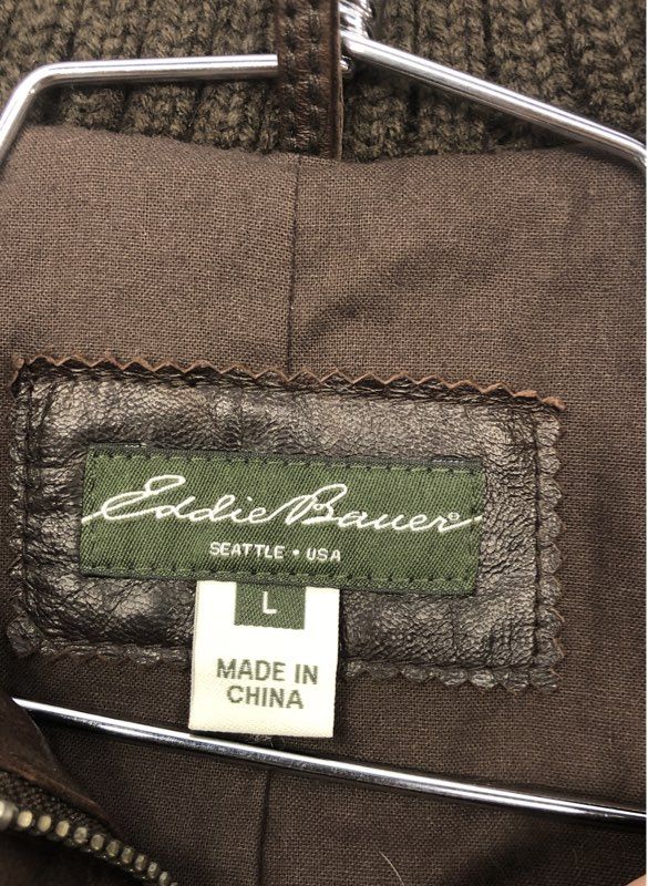 Eddie Bauer Women's Brown Lamb Leather Knit Trim Bomber Jacket Sz L