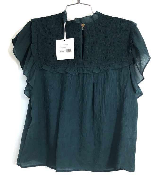 Marie Oliver Women's Sami Ruffle Blouse Lake Dark Green 100% Silk NWT Size M