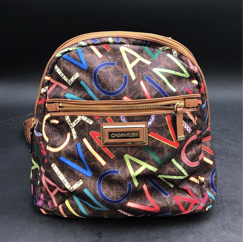 Calvin Klein Brown Multi-Color Graffiti Logo Mini Backpack Gold Hardware