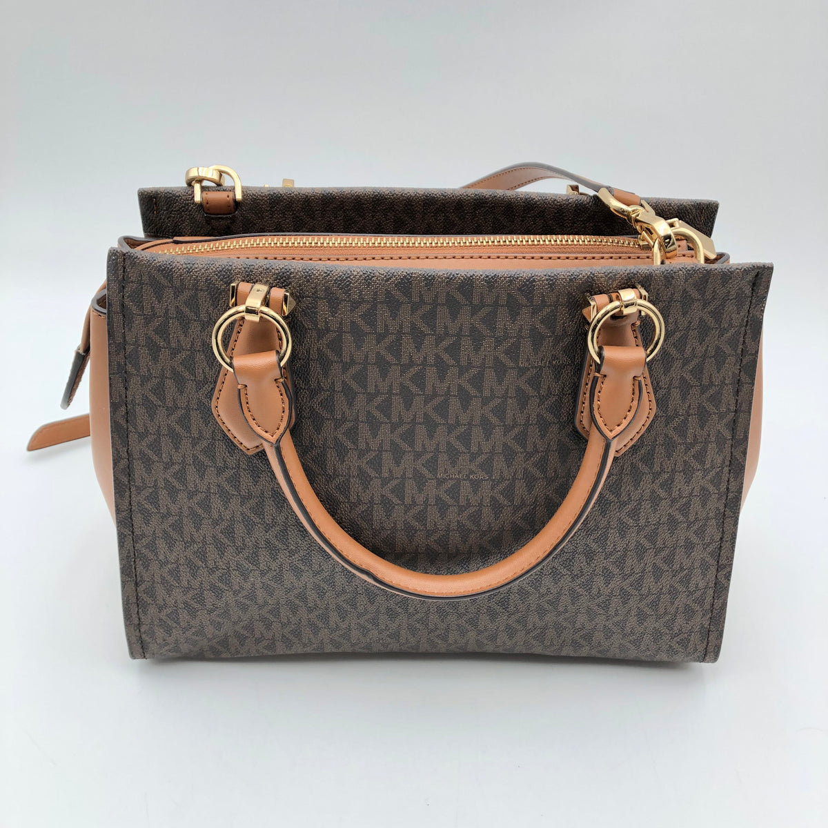 Michael Kors Brown Monogram Marilyn Satchel Crossbody Bag Gold Hardware COA