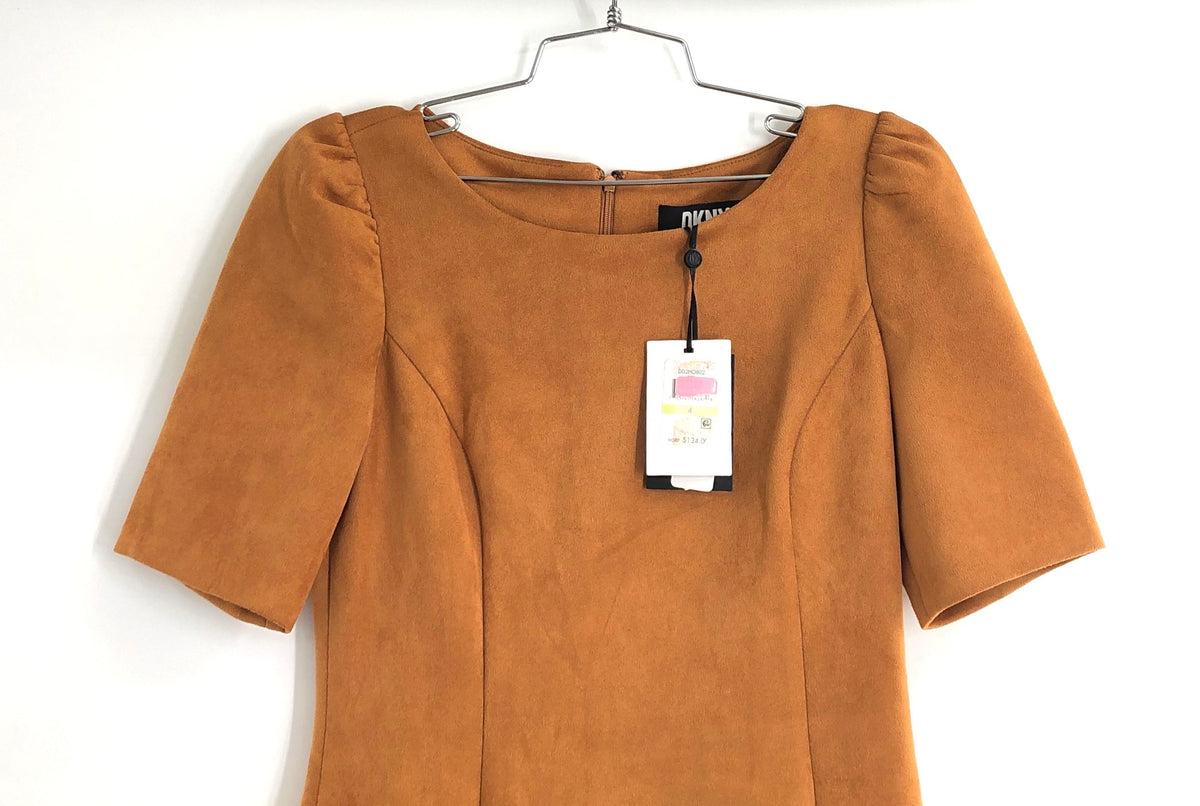 DKNY Women's Camel Faux Suede Puff Short Sleeve Sheath Mini Dress NWT Size 4