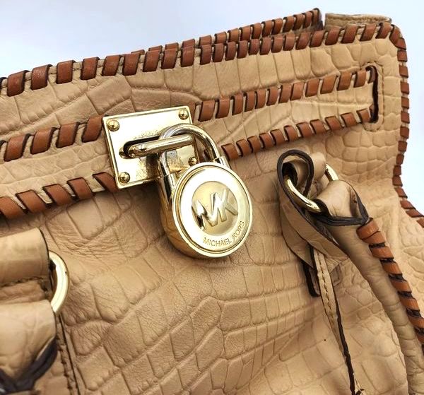 Michael Kors 'Hamilton' Tan Croc Embossed Leather & Brown Whipstitch Tote (+COA)