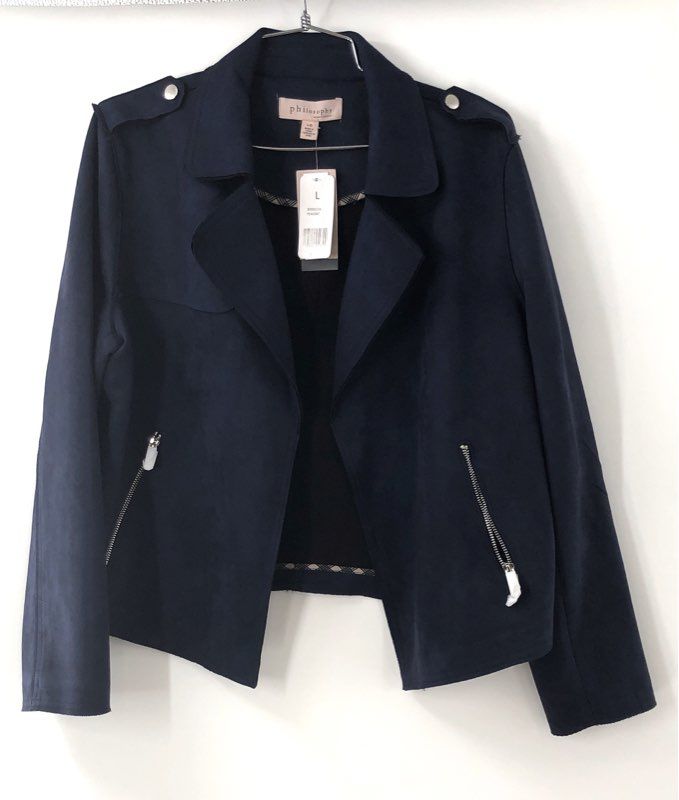 NWT Philosophy Republic Women's Navy Faux Suede Moto Jacket Peacoat Size L