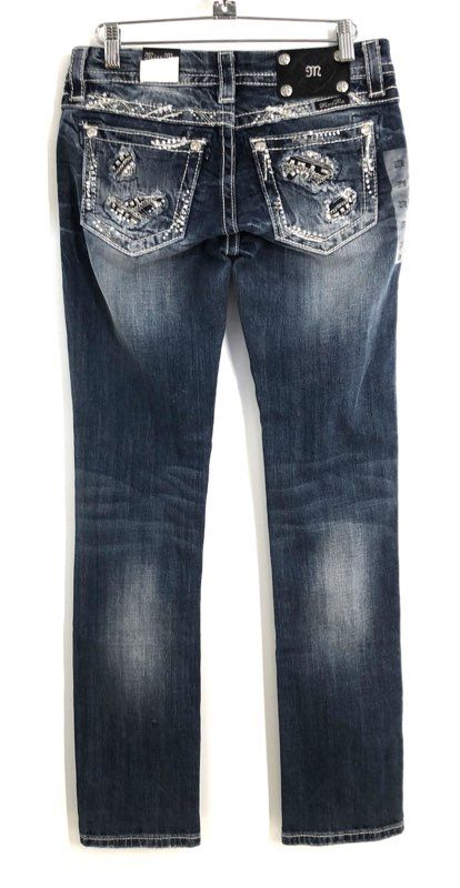 Miss Me Women's Blue Distressed Embellished Straight Leg Jeans Sz 27x33 NWT
