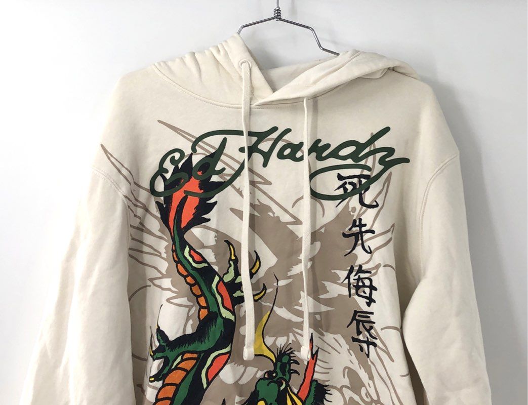 Vintage Y2K Ed Hardy Men's Cream Dragon Tattoo Graphic Pullover Hoodie Sz L