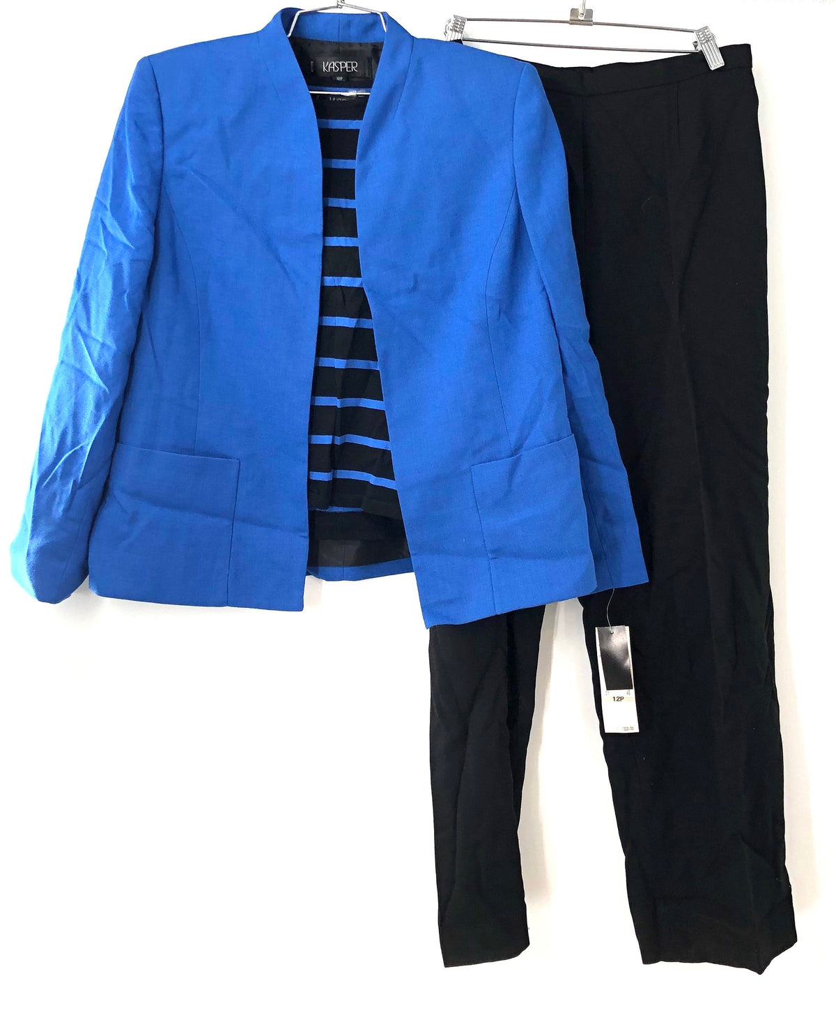 Kasper Women's 3-Piece Pant Suit Set Blue Black Open Blazer NWT Sz 2P