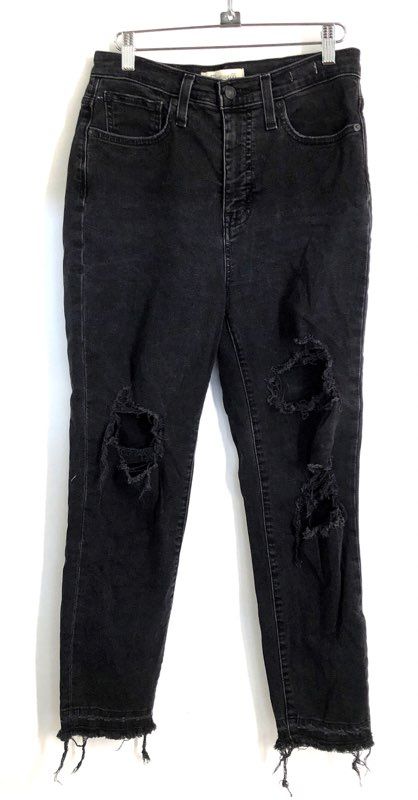 Madewell Women's The Momjean Faded Black Distressed Ripped Frayed Hem Sz 26