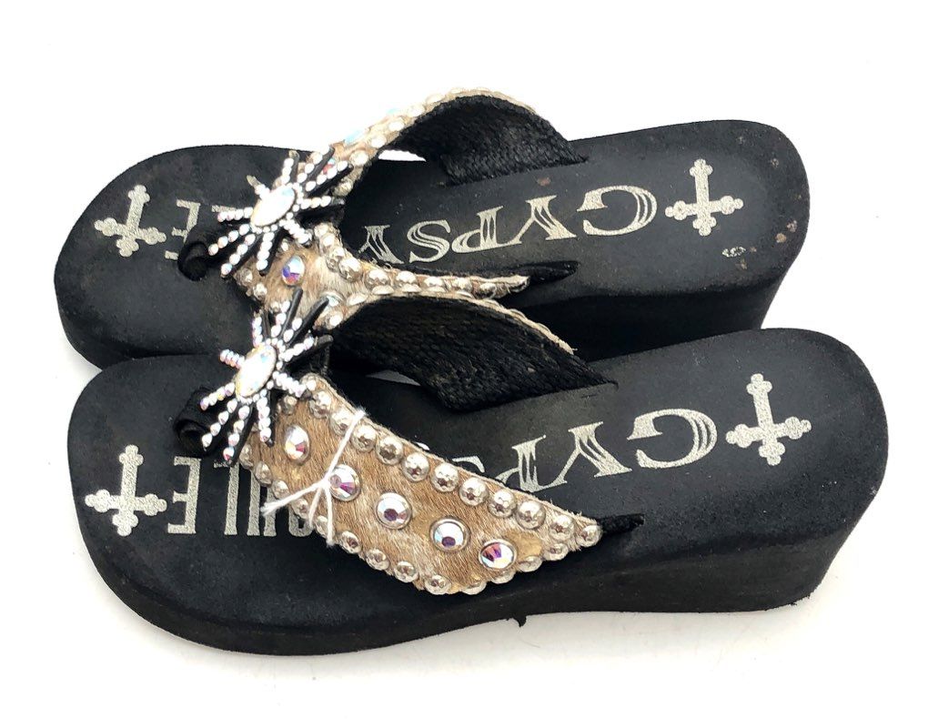 Gypsy Soule Leopard Calf Hair Crystal Studded Platform Wedge Sandals Size 6