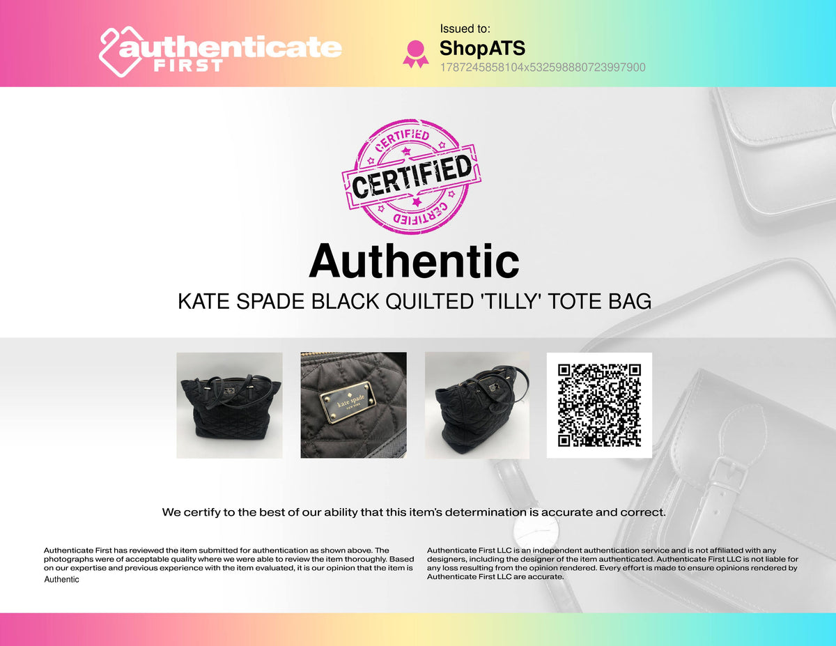 Kate Spade Black Quilted Tilly Tote Bag Gold Hardware COA