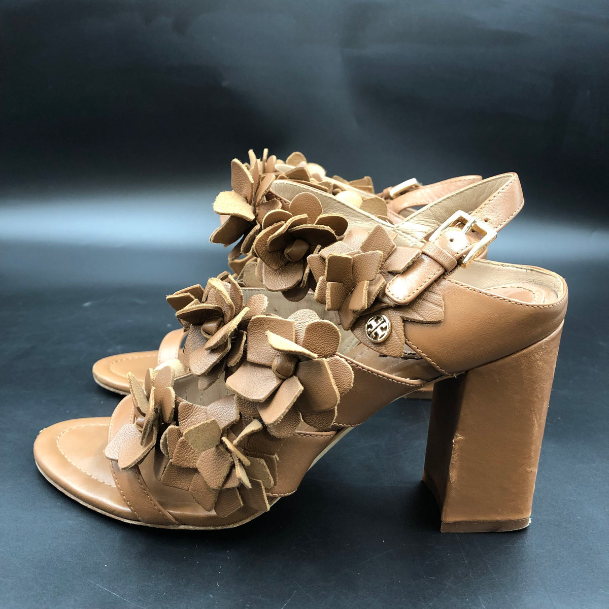 Tory Burch Blossom Floral Applique Brown Leather Block Heel Sandals Size 7 COA