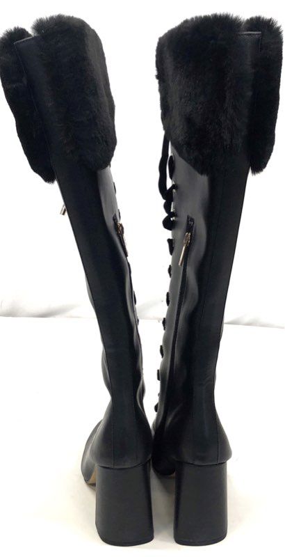 Nanette Lepore Black Faux Leather Fur Trim Lace Up Knee High Boots Size 10