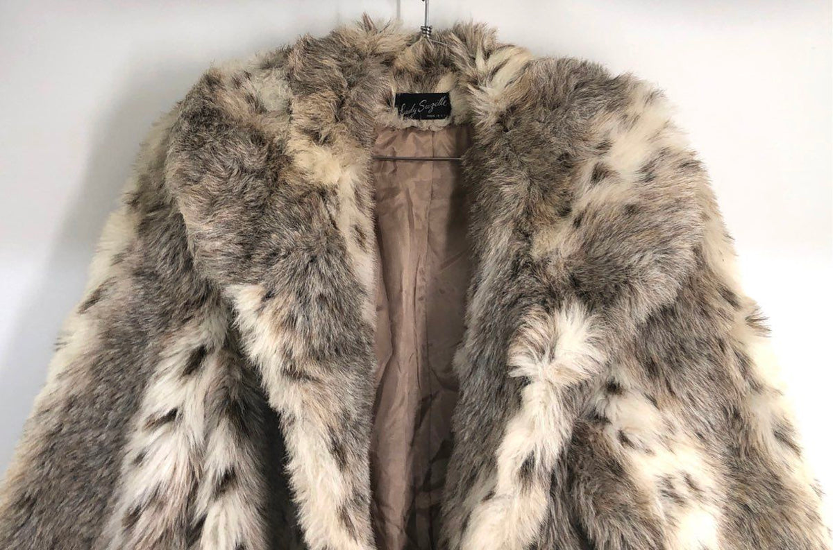 Lady Suzette Women's Faux Fur Coat Grey Tan Spotted Vintage 70s Made in USA