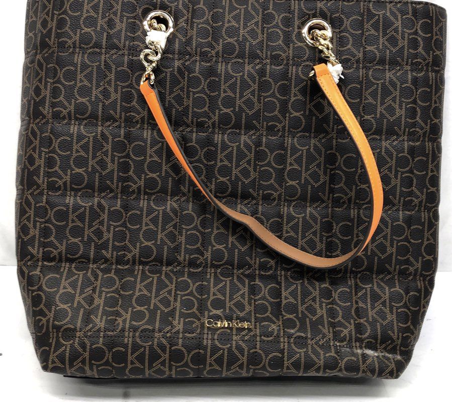 Calvin Klein Brown Monogram Coated Canvas Tote Bag Orange Gold Hardware
