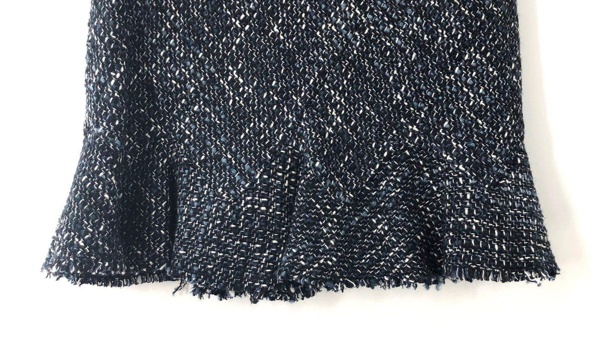 Theory Women's Autumn Tweed Diag Mini Skirt Blue Multi Fringe Hem Sz 4 NWT