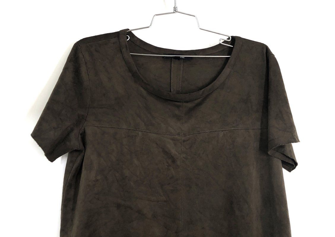 Olivaceous Women's Olive Faux Suede Short Sleeve Scoop Neck Shift Dress Sz L