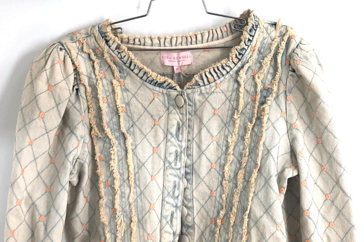 Gina Bowhill Women's Coco Denim Jacket White Quilted Frayed Puff Sleeve Sz M NWT