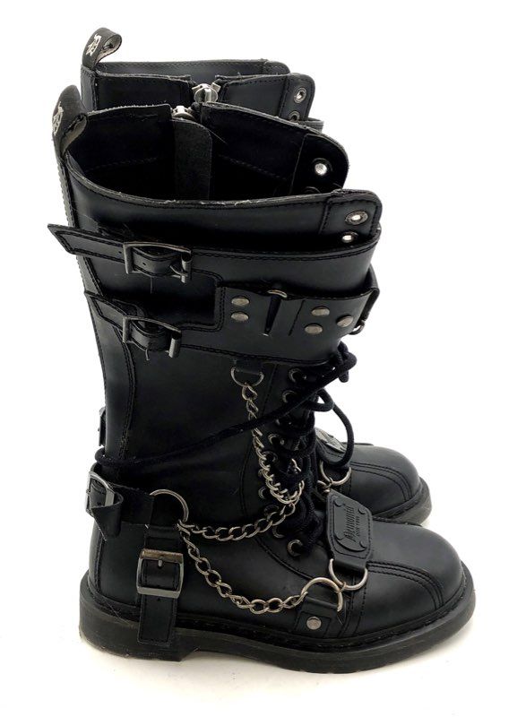 Demonia Bolt-415 Black Knee High Chain Buckle Lace Up Combat Boots Men's Size 8