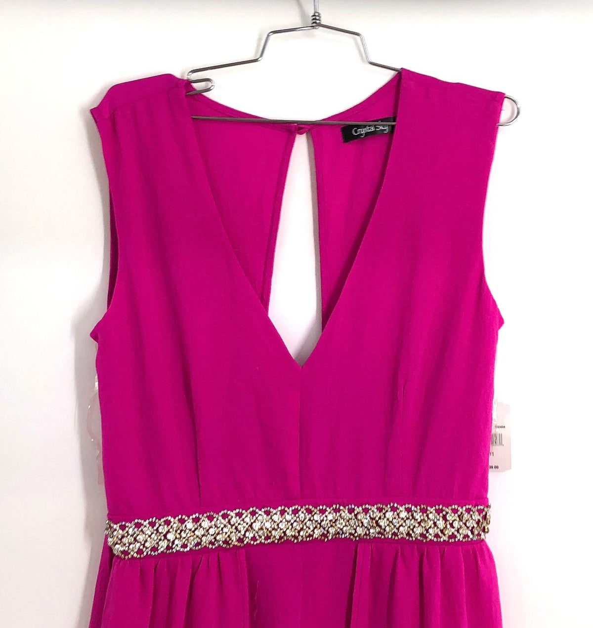 Crystal Sky Women's Fuchsia Pink Rhinestone Waist Romper Maxi Dress NWT Sz 11