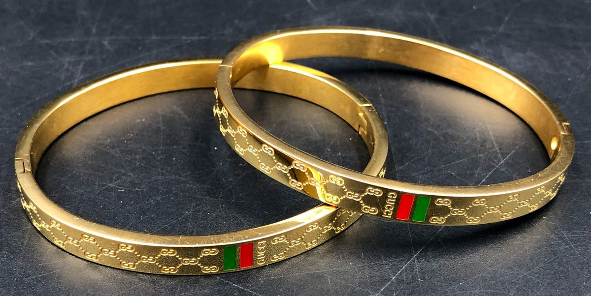 Lot of 2 Gucci Inspired Gold-Tone GG Bangle Bracelets Hinged Web Stripe