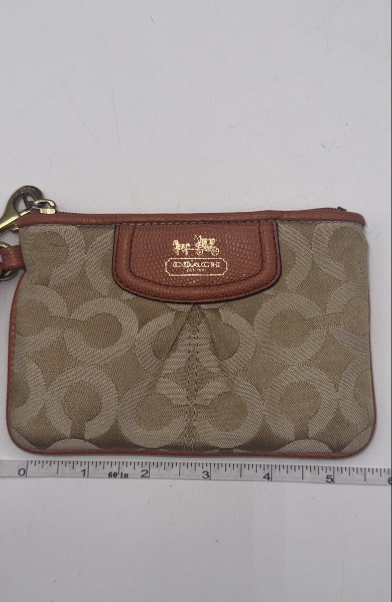 Coach Beige Signature Canvas Small Wristlet Pouch Brown Leather Gold Logo