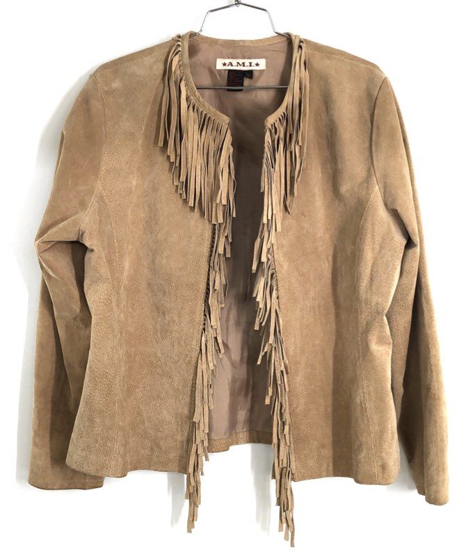 A.M.I. Women's Sand Tan Leather Fringe Western Open Front Jacket Size L