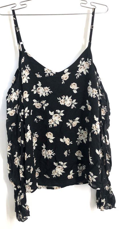 Sanctuary Women's Black Floral Rayon Cold Shoulder Ruffle Sleeve Cami Top Sz S
