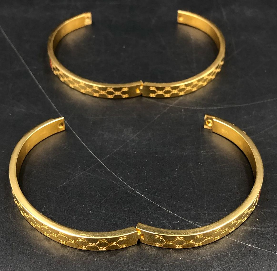 Lot of 2 Gucci Inspired Gold-Tone GG Bangle Bracelets Hinged Web Stripe