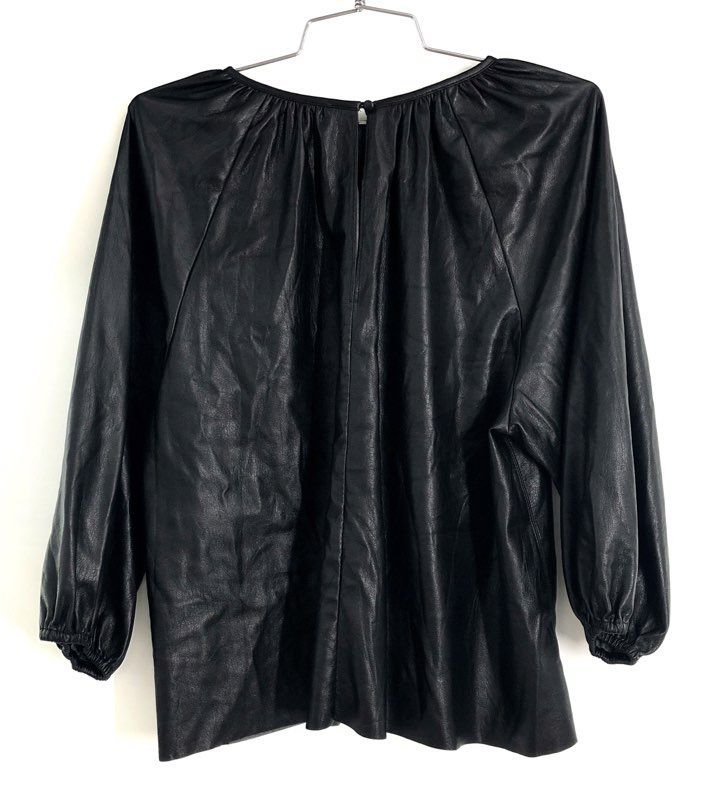 Wilfred Women's Black Faux Vegan Leather Puff Sleeve Gathered Blouse Top Sz XS