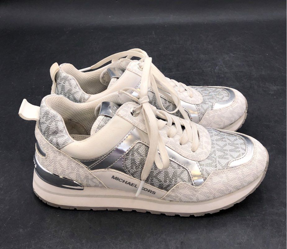 Michael Kors Wilma Trainer Silver White Logo Metallic Sneakers Women's Size 6