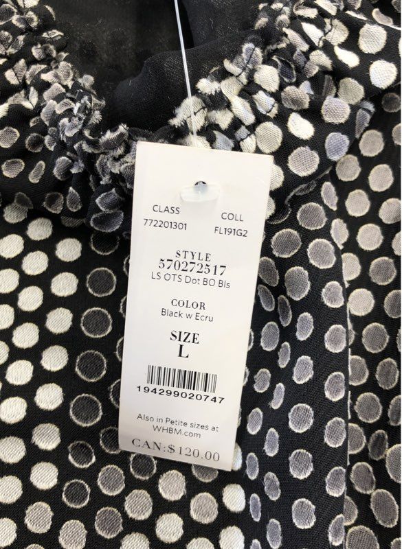 White House Black Market Women's LS OTS Dot BO Blouse Black Ecru NWT Sz L