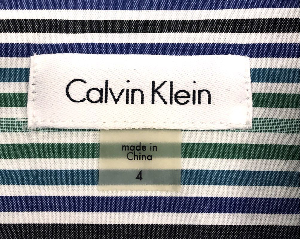 Calvin Klein Women's Blue Green Striped Tie Waist Long Sleeve Shirt Dress Sz 4