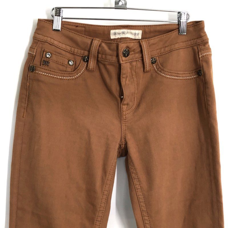 Miss Me Women's Camel Mid-Rise Straight Embellished Flap Pocket Pants Sz 28x32