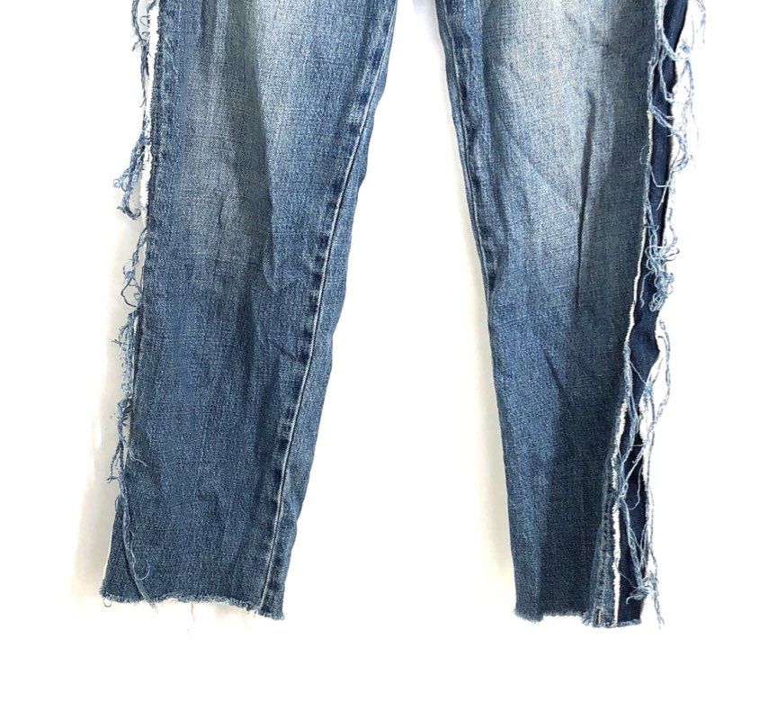 Pistola Women's Blue Distressed Frayed Side Stripe High Rise Straight Jeans 27